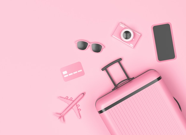 Rosa Gepäck mit Smartphone, Kamera, Sonnenbrille auf pastellrosa Hintergrund. 3D-Rendering