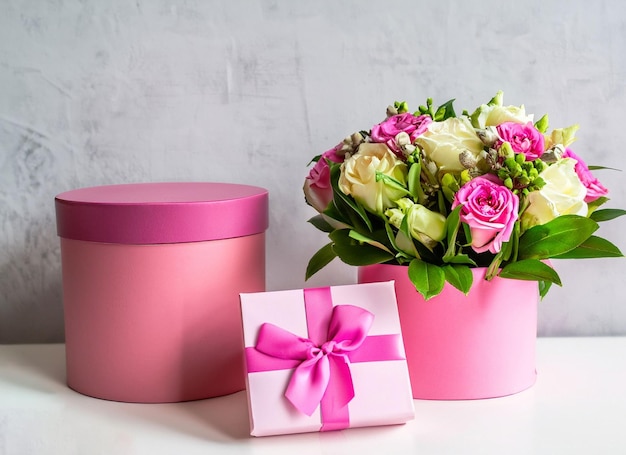 Rosa Geschenk mit Blumenstrauß