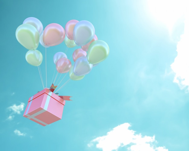 Foto rosa geschenkbox und ballonpastellfarbe im himmel