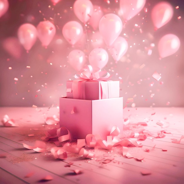 rosa Geschenkkiste mit rosa Schleife und rosa Ballons