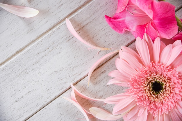 Rosa Gladioleblumen-Frühlingssommer und -blumenblatt des Gerberas verzieren auf weißem hölzernem