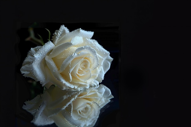 Rosa con gotas de agua en una superficie reflectante negra