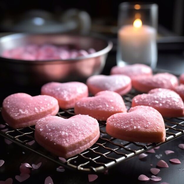 Rosa Herz-Kekse, die auf einer Pfanne und einem Regal abkühlen