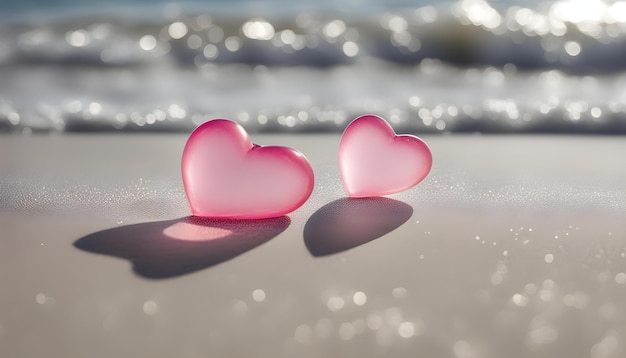 rosa Herzen am Strand im Sonnenlicht