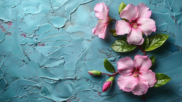 Rosa Hibiskusblüten auf einem rissigen, mit Teal bemalten Hintergrund
