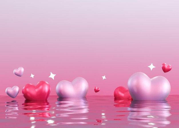 Rosa Hintergrund mit glänzenden Herzen Sternen Wasser und Kopierraum Valentinstag Frauen Muttertag Hintergrund Leerer Raum für Text Postkarte Grußkarte Design Y2k Valentinstag Gradient 3D
