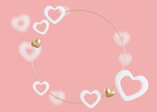 Rosa Hintergrund mit weißen und goldenen Herzen und Kopierbereich Valentinstag Muttertag Hochzeitshintergrund Leerer Platz für Werbetext Einladungslogo Postkarte Grußkarte 3D-Render