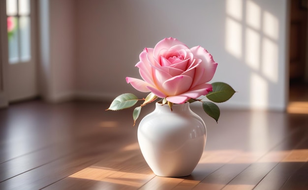 rosa en un jarrón de cerámica blanca en el suelo de madera