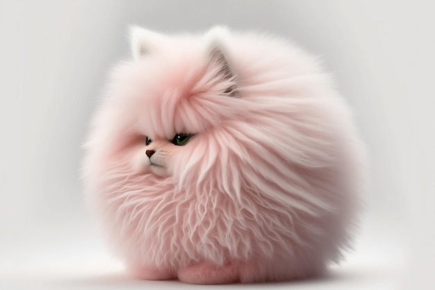 Rosa Katze mit flauschigem Fell sitzt auf einer weißen Oberfläche