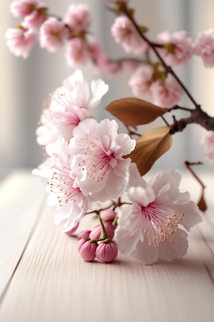 Rosa Kirschblüten auf weißem Holztisch