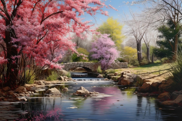 rosa Kirschblüten im Garten mit einer Brücke im Hintergrund Gemälde eines japanischen Gartens mit Sakura-Baum ultra realistischer fotorealistischer Realismus AI generiert