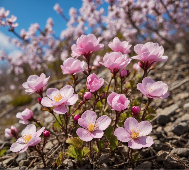 Rosa Kirschblüten im Hintergrund der Frühlingslandschaft Closeup