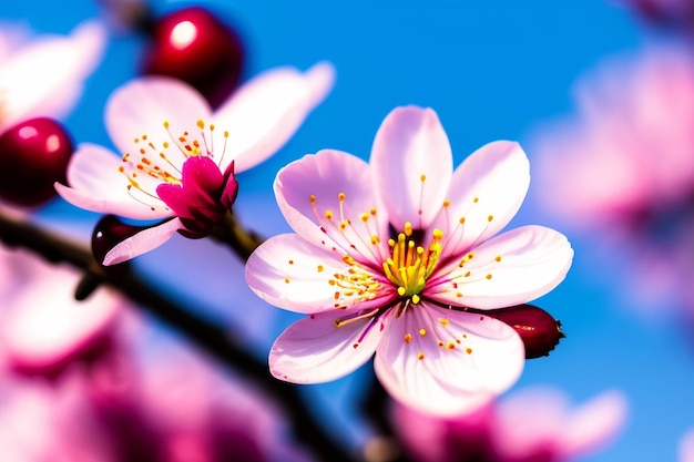 Foto rosa kirschblütenblumenfoto, das im frühjahr auf baum mit verschwommenem hintergrund blüht