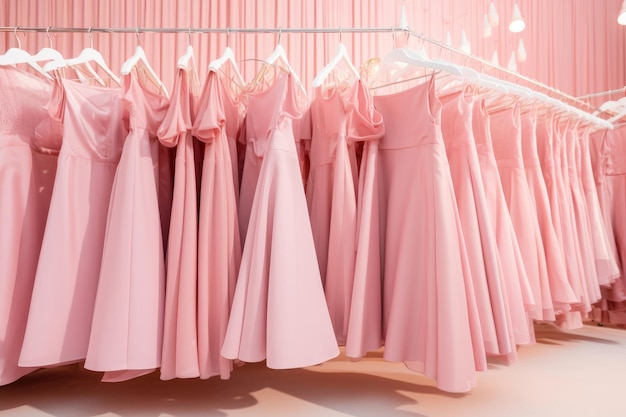 Rosa Kleider im Stil von Barbie Pink hängen im Laden auf Kleiderbügeln