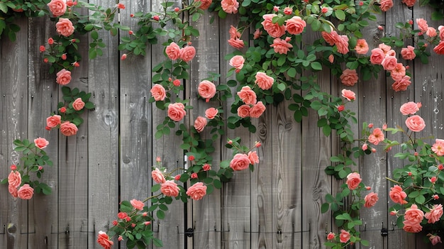 Foto rosa kletterrosen wachsen auf einem holzzaun die rosen sind in voller blüte und der zaun ist mit üppigem grünem laub bedeckt