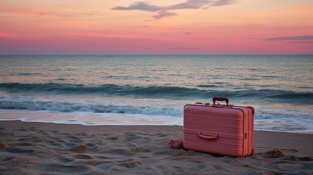 rosa Koffer mit schönem Sonnenuntergang am Strand