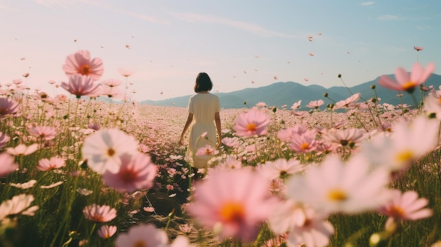 Rosa Kosmosblumen Landschaft im Licht gegen den blauen Himmel Eine Frau steht um den Blumengarten