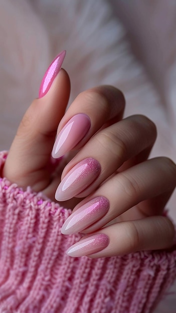 Rosa längliche Nagelverlängerung mit feinem Glanz Nagelkunst mit Glanz und Gelpolish Maniküre Nagel