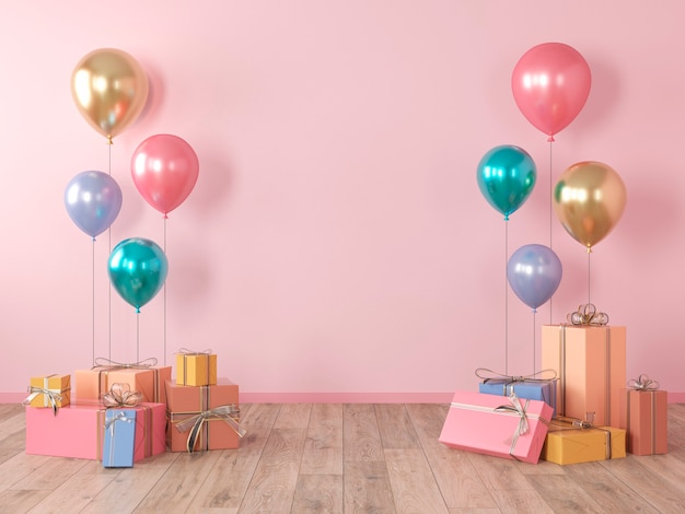 Rosa leere Wand, buntes Interieur mit Geschenken, Geschenken, Luftballons für Party, Geburtstag, Ereignisse. 3D-Renderillustration, Modell.