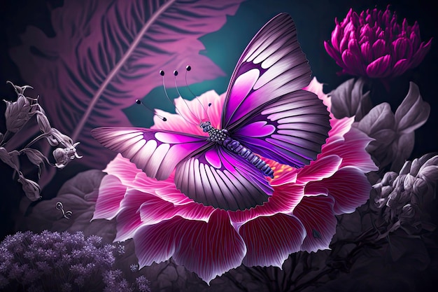Rosa lila exotische Blume mit Schmetterling im Garten