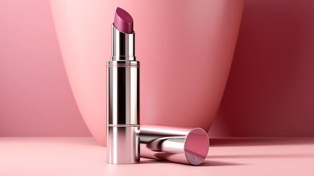 Rosa Lippenstift-Kosmetik isoliert auf rosa Hintergrund KI-generiertes Bild