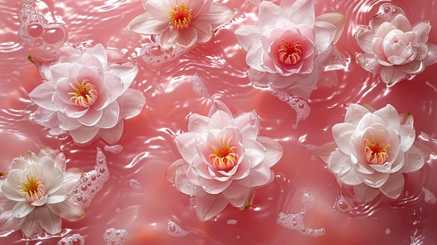 Rosa Lirio de Agua Elegancia Minimalista Vista superior de las flores flotando en agua brillante con ondulaciones dinámicas y borrado gaussiano