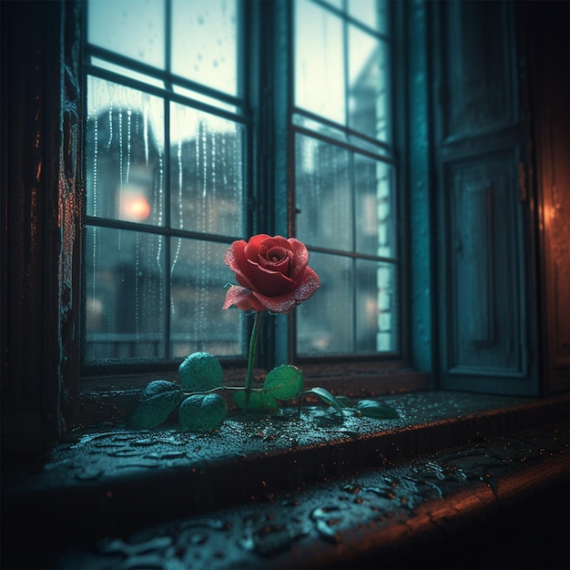 Una rosa bajo la lluvia frente a un paisaje de ventana