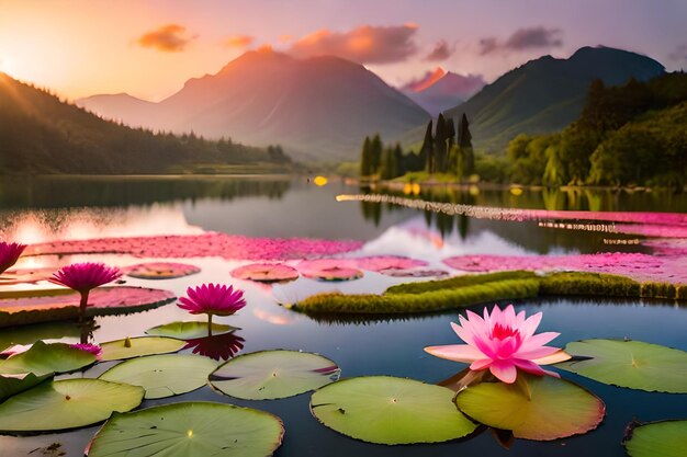 rosa Lotusblumen vor einem See mit Bergen im Hintergrund