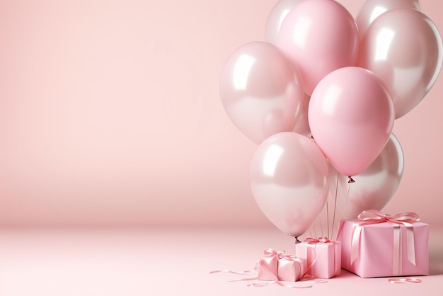 Rosa Luftballons und Geschenkboxen auf pastellrosa Hintergrund mit Kopierraum