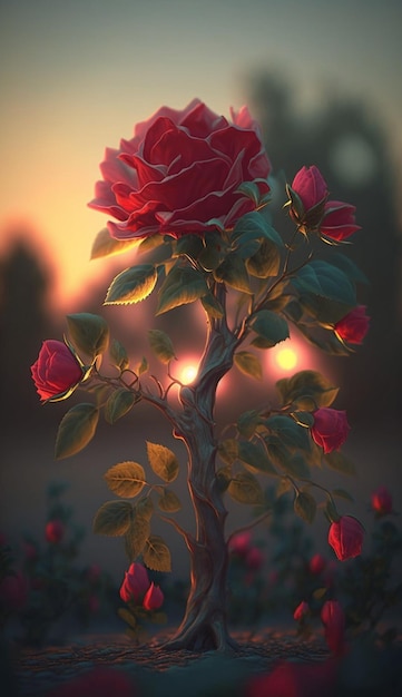 Una rosa en un macizo de flores.