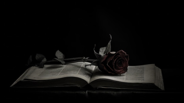 Una rosa en el medio de un libro abierto