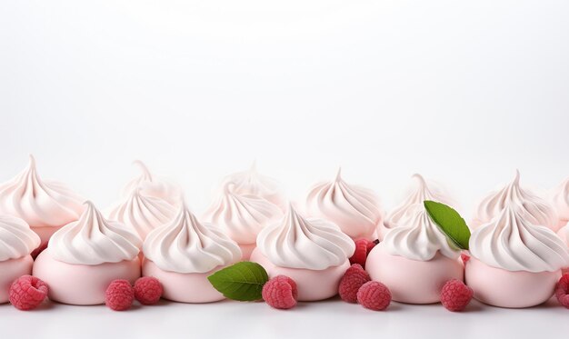 Rosa Meringues mit frischen Beeren auf weißem Hintergrund