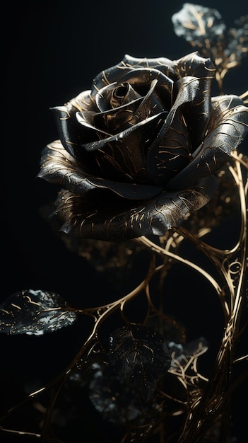 Una rosa de metal negro con un tallo dorado y la palabra amor en él.