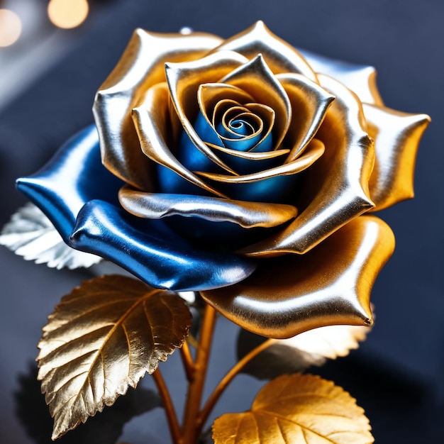 La rosa metálica: una escultura floral dorada y azul