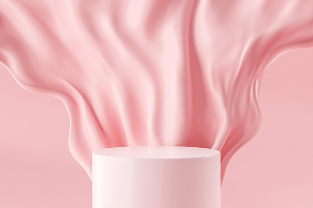 Rosa Modestoff Kosmetik Podium Präsentationsständer auf minimalem Produktdisplay 3D-Hintergrund mit abstraktem Luxus-Schönheitsstoff-Hintergrund oder Werbeshow-Bühnensockel und leerer Pastellszene