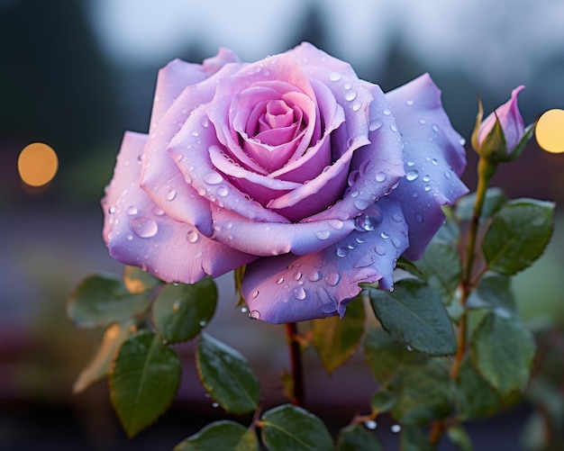 Una rosa morada con gotas de agua