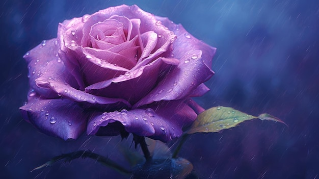 Una rosa morada bajo la lluvia