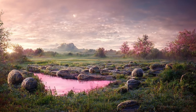 Rosa Morgendämmerung mit einem kleinen sichtbaren Mond am Himmel eine grüne Wiese ein See