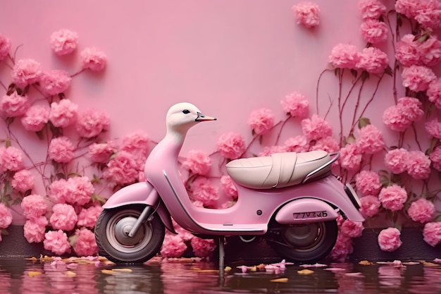 Rosa Motorrad mit rosa Wandamp-Blumen, rosa Farbe, rosa Hintergrund, rosa Welt, KI-generiert