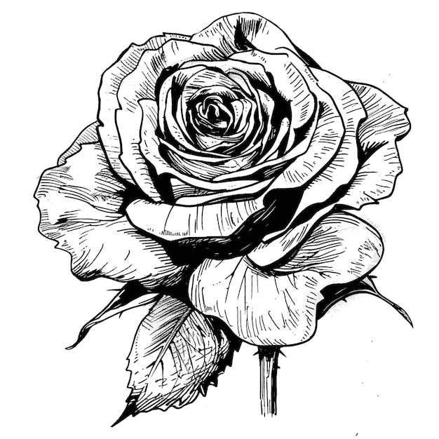 Una rosa muy simple, en blanco y negro y ligeramente esbozada, para un libro de fichas para colorear para adultos, estilo raw styl
