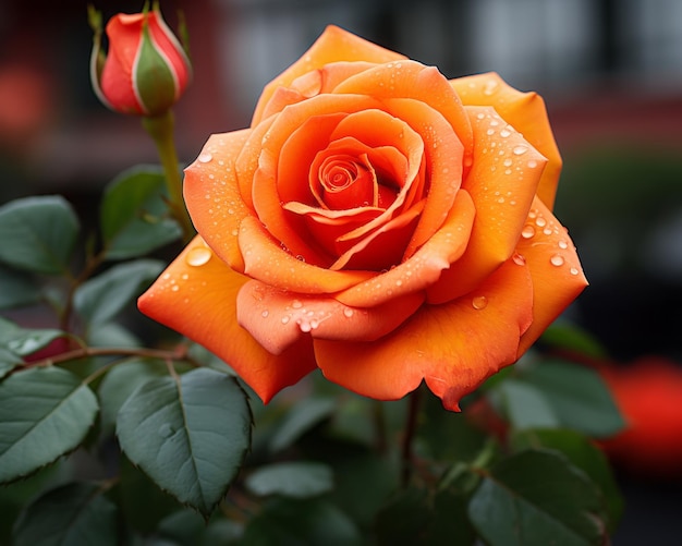 una rosa naranja con gotas de agua sobre ella