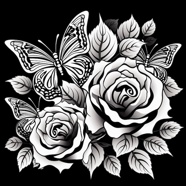 Foto una rosa negra y blanca con mariposas y hojas generativas ai