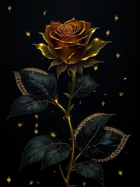 Rosa negra com folhas douradas pingando 8k neon linhas diamantes vêem através da luz vaga-lume brilhante