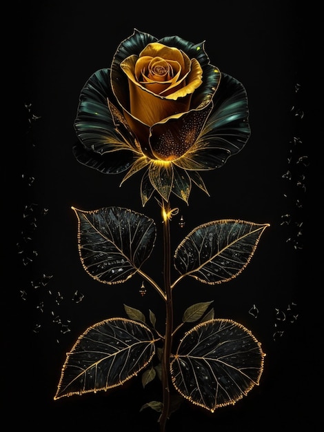 Rosa negra con hojas doradas que gotean líneas de neón de 8k diamantes ver a través de agua ligera luciérnaga brillante