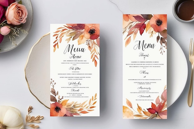 Foto rosa outono aquarela modelo de cartão de cardápio de menu de casamento