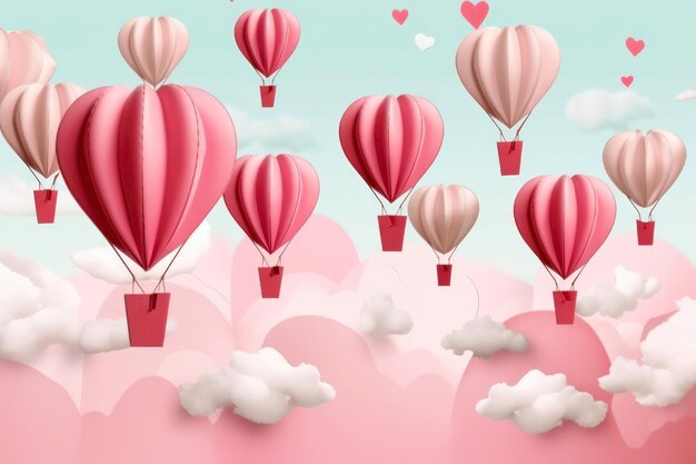 Rosa Papierballons fliegen mit weißen Wolken am Papierhimmel