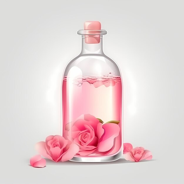 Rosa Parfümflasche auf pastellrosa Hintergrund Rosen als Set-Dressing saubere Produktflaschen ohne Etiketten