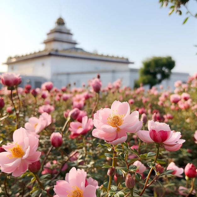 Rosa pastel de Portulaca Oleracea floreciendo elevándose hacia el cielo pálido con el fondo de un templo borroso