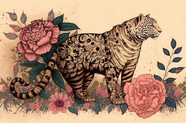 Rosa peônia em aquarela listrada em leopardo paisley