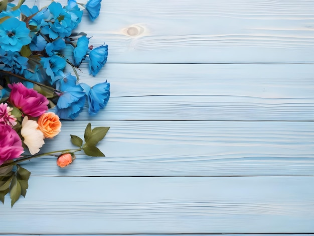 Rosa Pfingstblumen auf blauem Vintage-Holz-Hintergrund